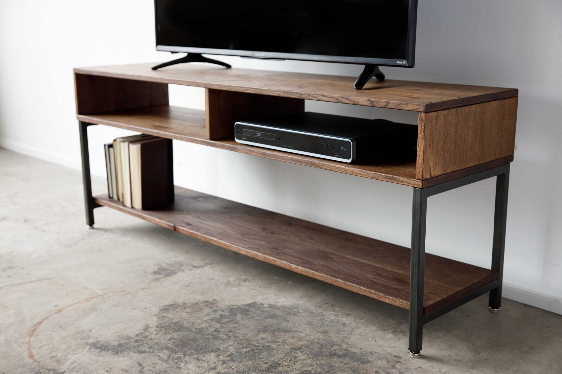 Warm Dark Finish Maple And Steel TV Stand and Media Center By Homeroots | TV Stands | Modishstore - 2