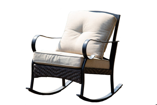 Black Steel Patio Rocking Chair with Beige Cushions By Homeroots | Rocking Chairs | Modishstore