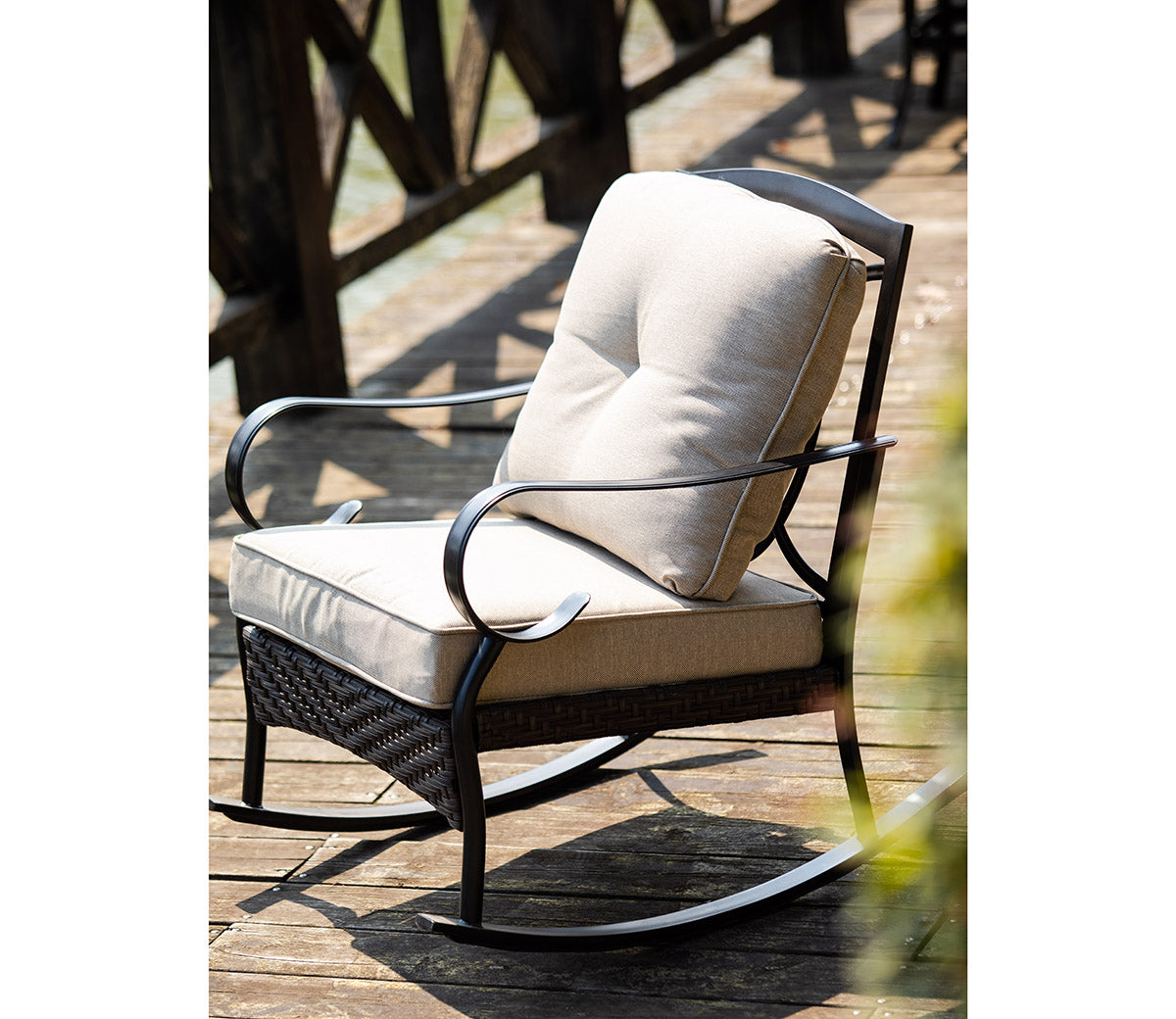 Black Steel Patio Rocking Chair with Beige Cushions By Homeroots | Rocking Chairs | Modishstore - 2