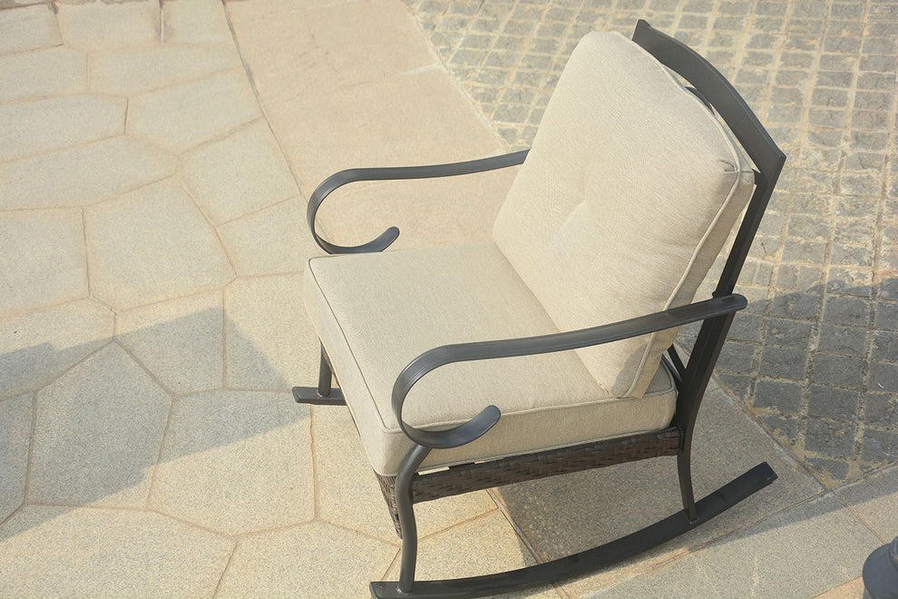 Black Steel Patio Rocking Chair with Beige Cushions By Homeroots | Rocking Chairs | Modishstore - 3