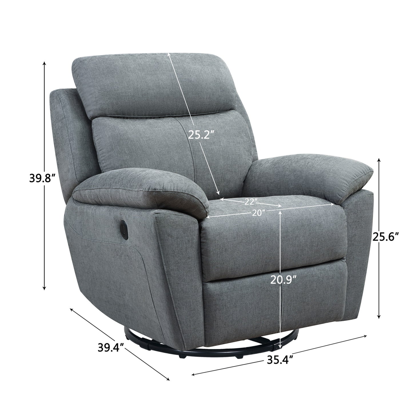 35" Gray Fabric Power Recliner with USB By Homeroots | Recliners | Modishstore - 6