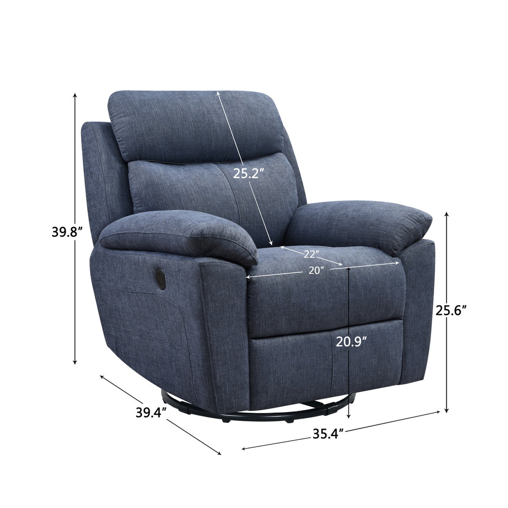 Blue Fabric Glider & Swivel Power Recliner with USB port By Homeroots | Recliners | Modishstore - 3