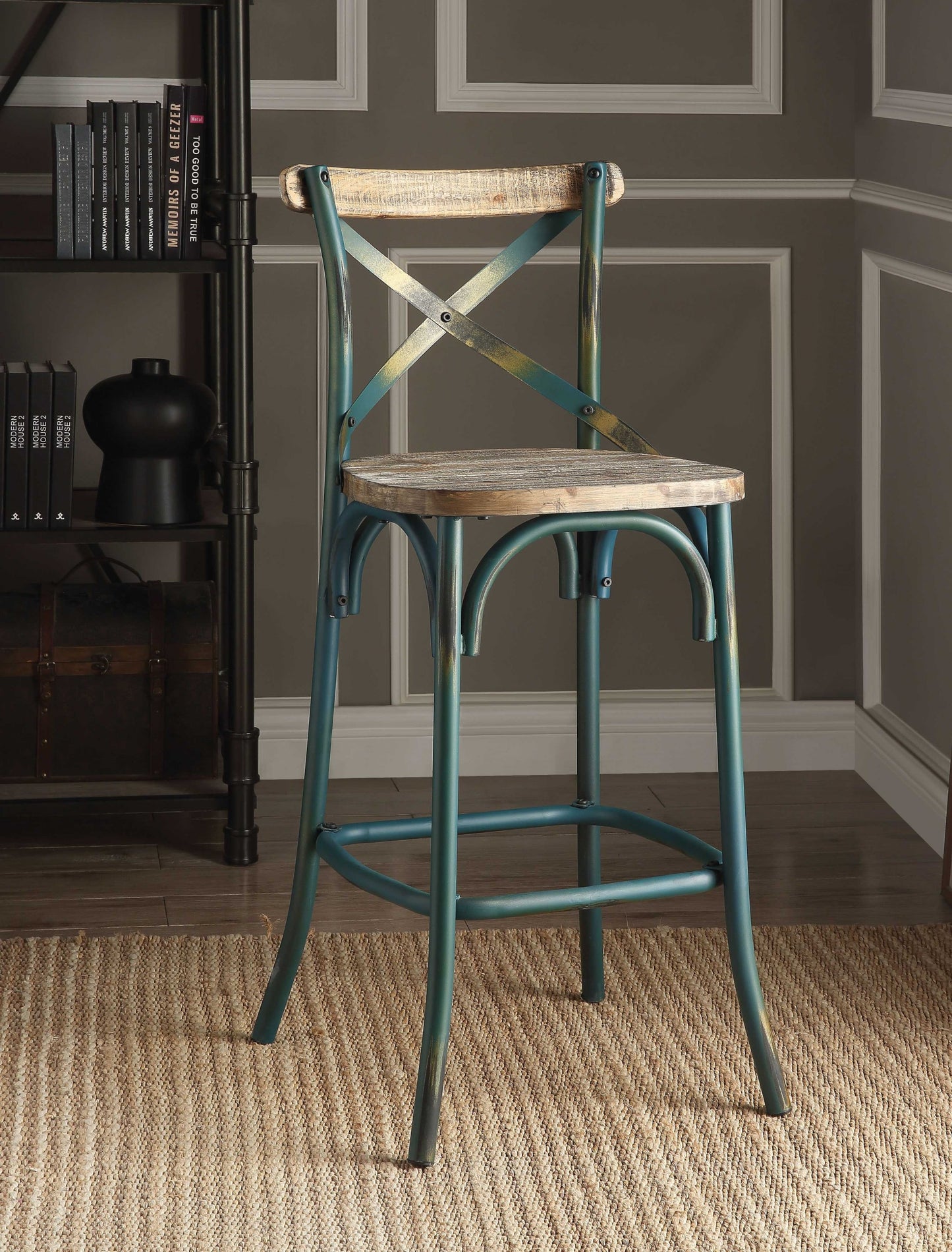 Antique Turquoise & Oak Wood Bar Chair By Homeroots | Bar Stools | Modishstore