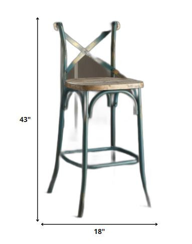 Antique Turquoise & Oak Wood Bar Chair By Homeroots | Bar Stools | Modishstore - 6