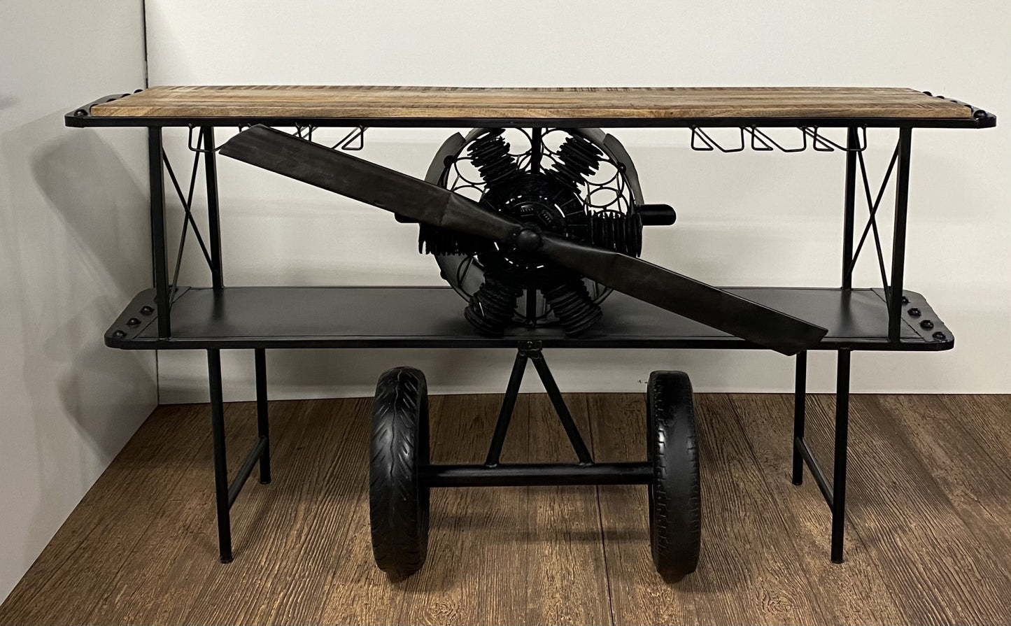 Black Metal Mango Wood Aeroplane Bar Counter By Homeroots | Bar Carts | Modishstore - 5