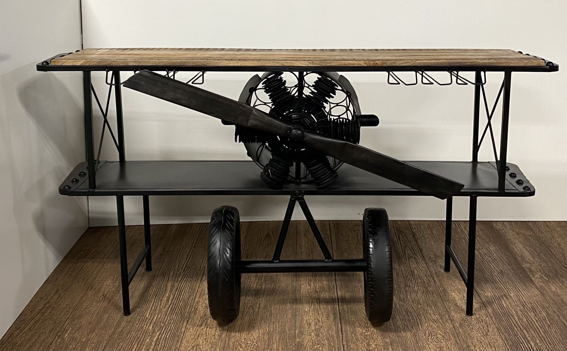Black Metal Mango Wood Aeroplane Bar Counter By Homeroots | Bar Carts | Modishstore - 5