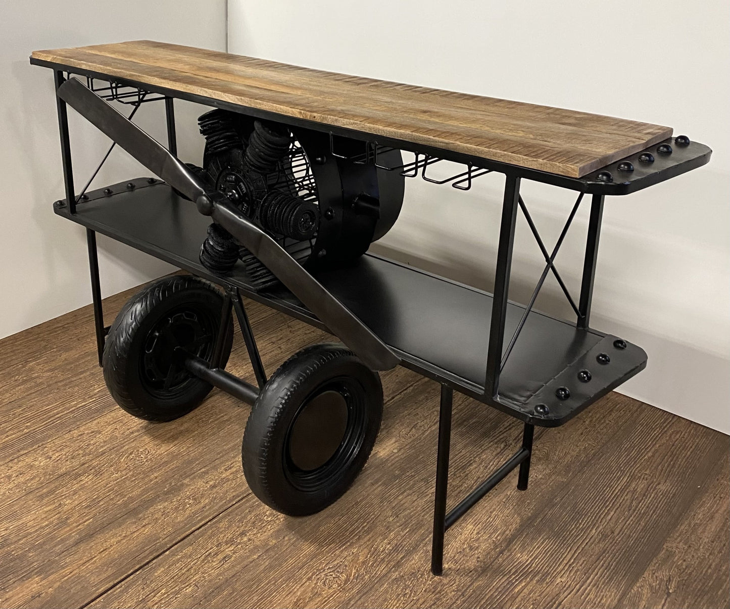 Black Metal Mango Wood Aeroplane Bar Counter By Homeroots | Bar Carts | Modishstore
