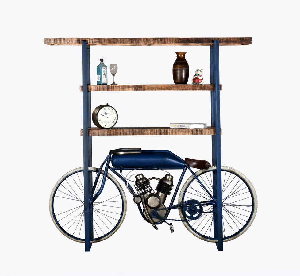 Blue Metal Mango Wood Cycle Book Shelf Bar Counter By Homeroots | Shelves & Shelving Units | Modishstore - 2
