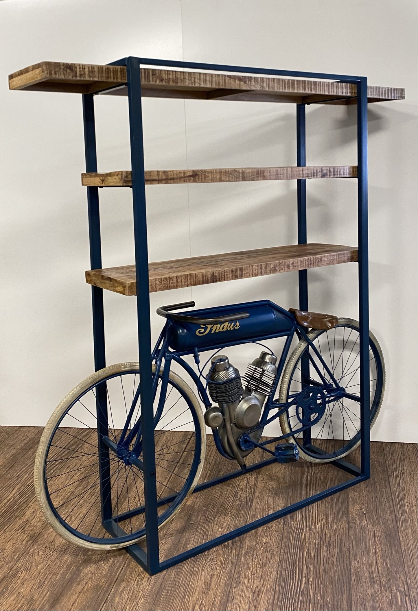 Blue Metal Mango Wood Cycle Book Shelf Bar Counter By Homeroots | Shelves & Shelving Units | Modishstore - 4