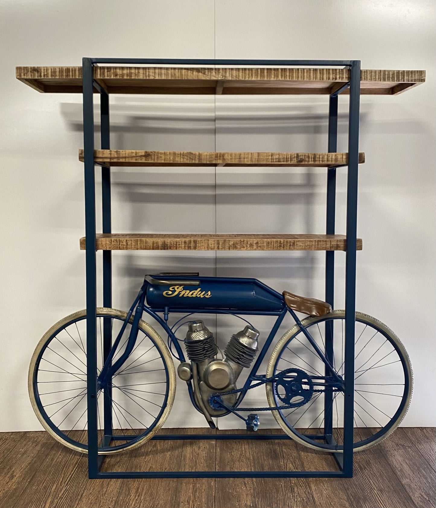 Blue Metal Mango Wood Cycle Book Shelf Bar Counter By Homeroots | Shelves & Shelving Units | Modishstore - 5
