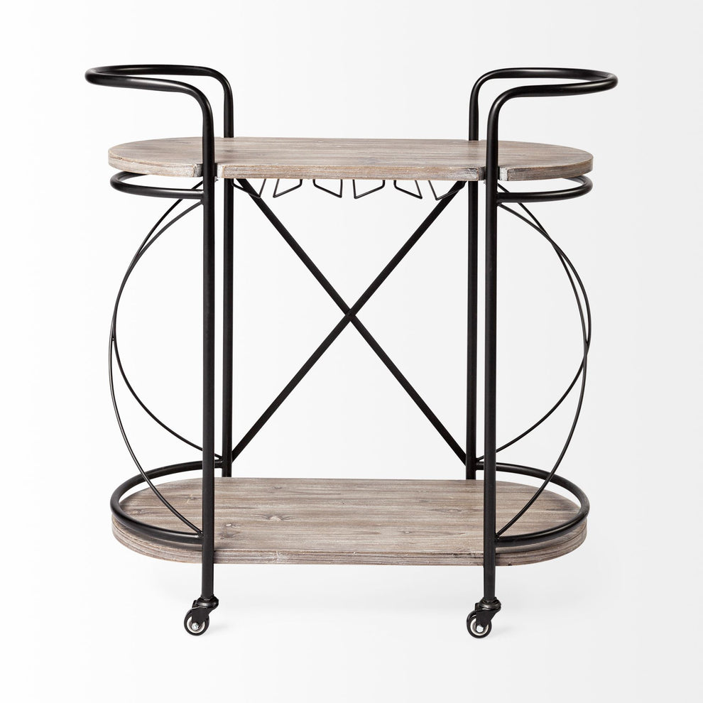 Cyclider Black Metal With Two Wooden Shelves Bar Cart By Homeroots | Bar Carts | Modishstore - 2