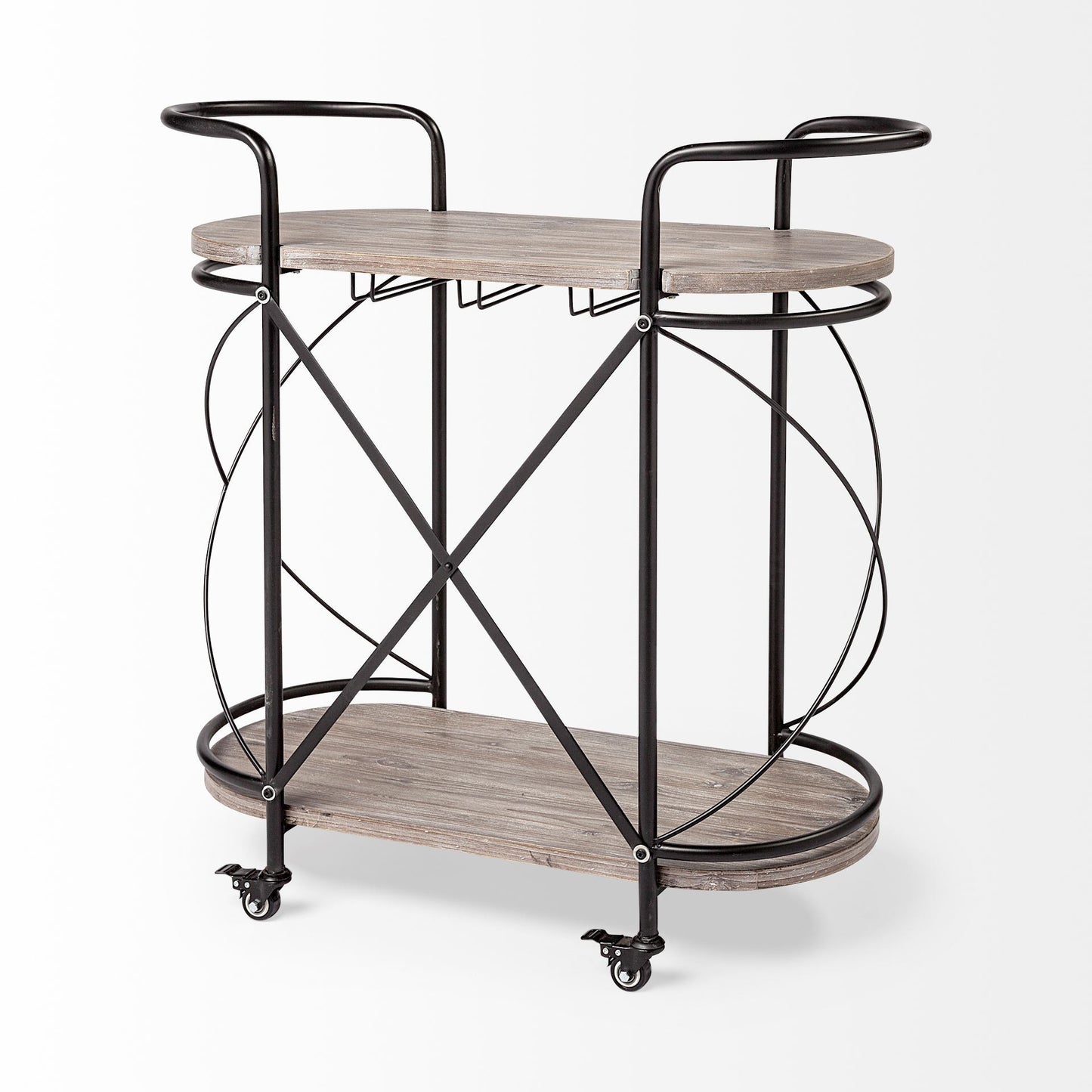 Cyclider Black Metal With Two Wooden Shelves Bar Cart By Homeroots | Bar Carts | Modishstore - 4