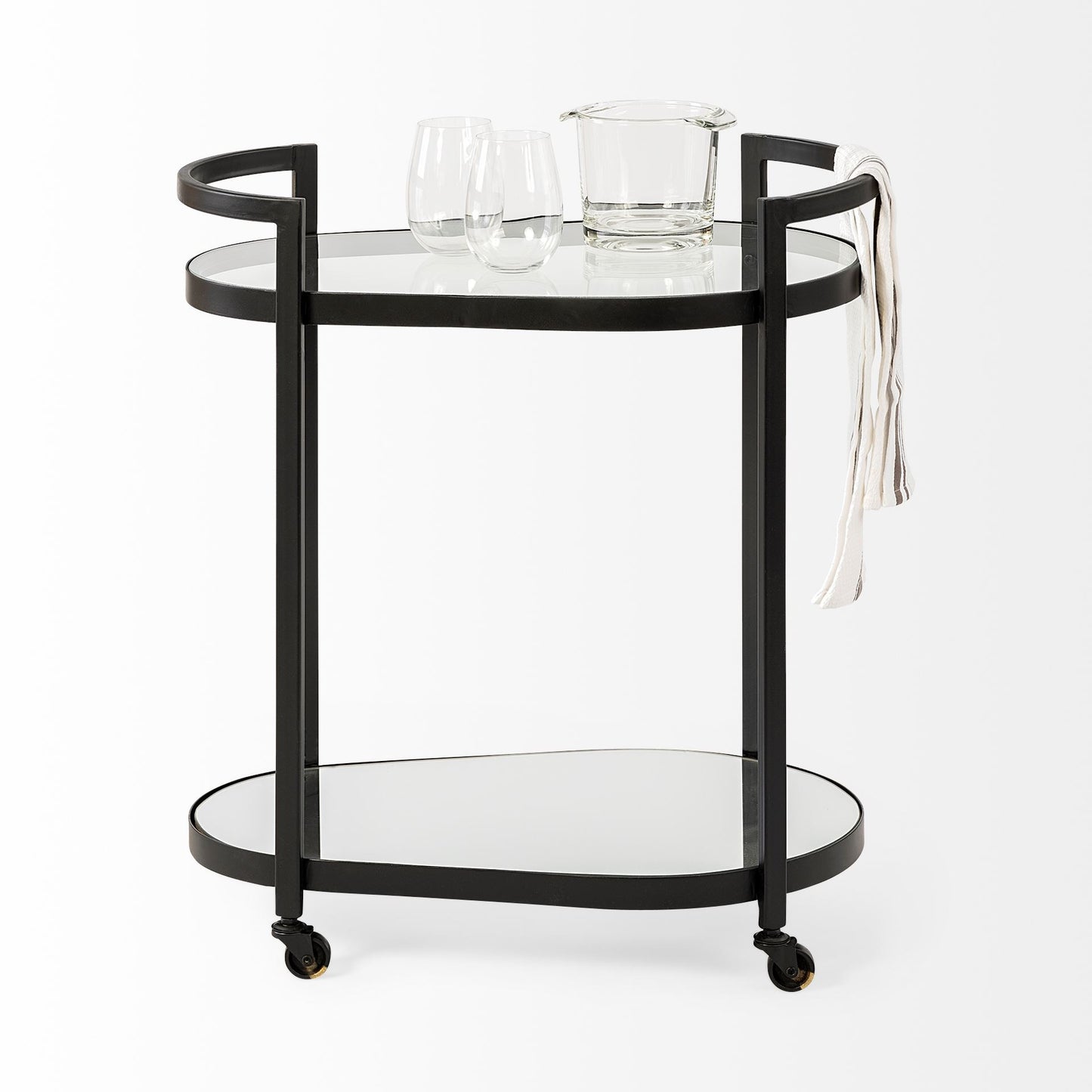 Cyclider Black Metal With Two Mirror Glass Shelves Bar Cart By Homeroots | Bar Carts | Modishstore - 5