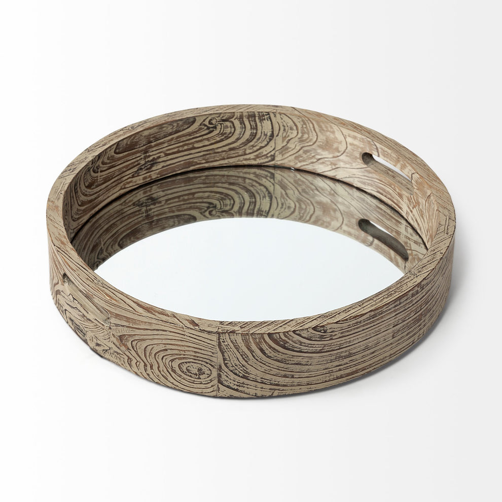 20' Round Natural Finish Wood Mirrored Glass Bottom Tray By Homeroots | Trays | Modishstore - 3