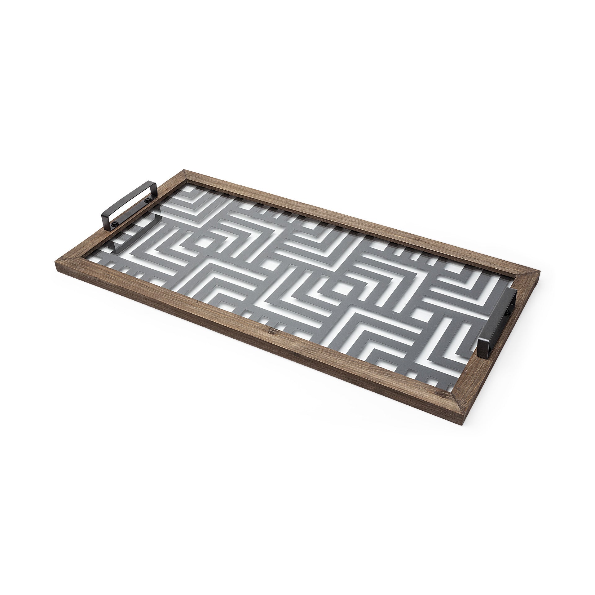 Grey Metal Glasss Top With Maze Like Pattern Tray By Homeroots | Trays | Modishstore