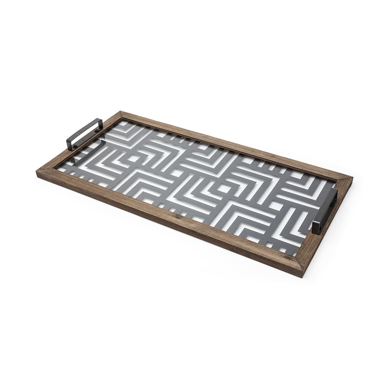 Grey Metal Glasss Top With Maze Like Pattern Tray By Homeroots | Trays | Modishstore