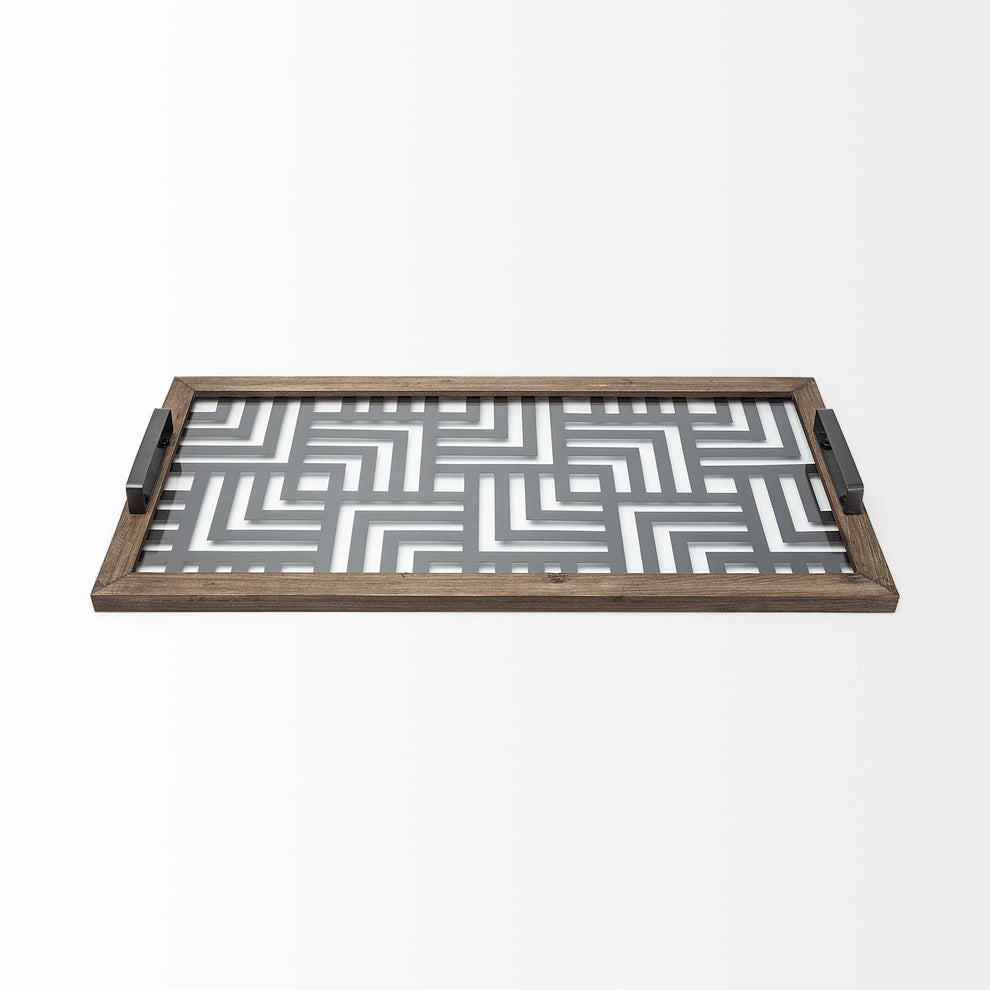 Grey Metal Glasss Top With Maze Like Pattern Tray By Homeroots | Trays | Modishstore - 2