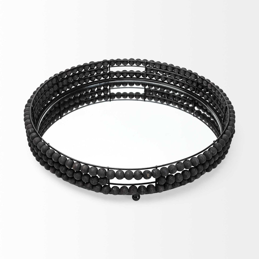 21' Matte Black Wood With Bead Mirrored Glass Bottom Round Tray By Homeroots | Trays | Modishstore - 2