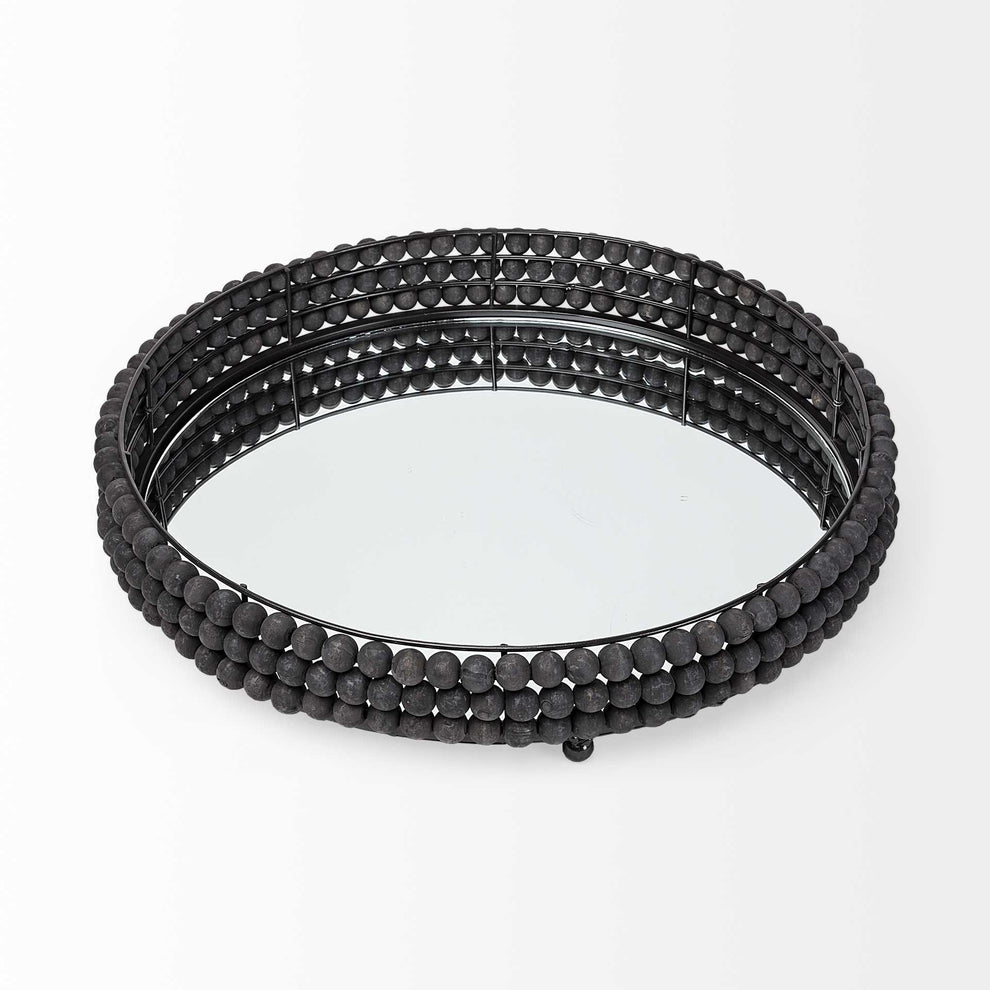 21' Matte Black Wood With Bead Mirrored Glass Bottom Round Tray By Homeroots | Trays | Modishstore - 3