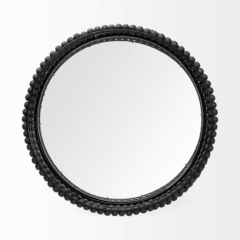 21' Matte Black Wood With Bead Mirrored Glass Bottom Round Tray By Homeroots | Trays | Modishstore - 4