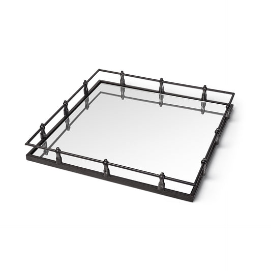 Natural Finish Metal With Mirrored Glass Bottom And Railing Handle Tray By Homeroots | Trays | Modishstore
