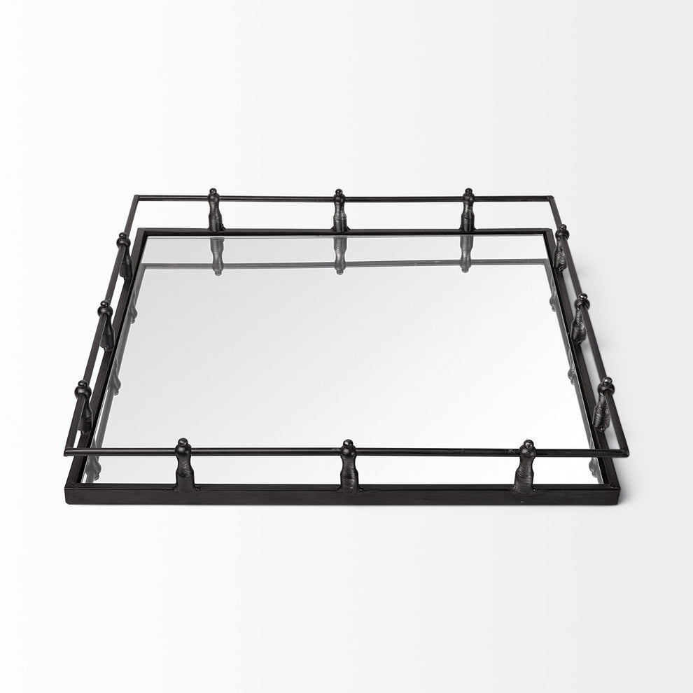 Natural Finish Metal With Mirrored Glass Bottom And Railing Handle Tray By Homeroots | Trays | Modishstore - 3