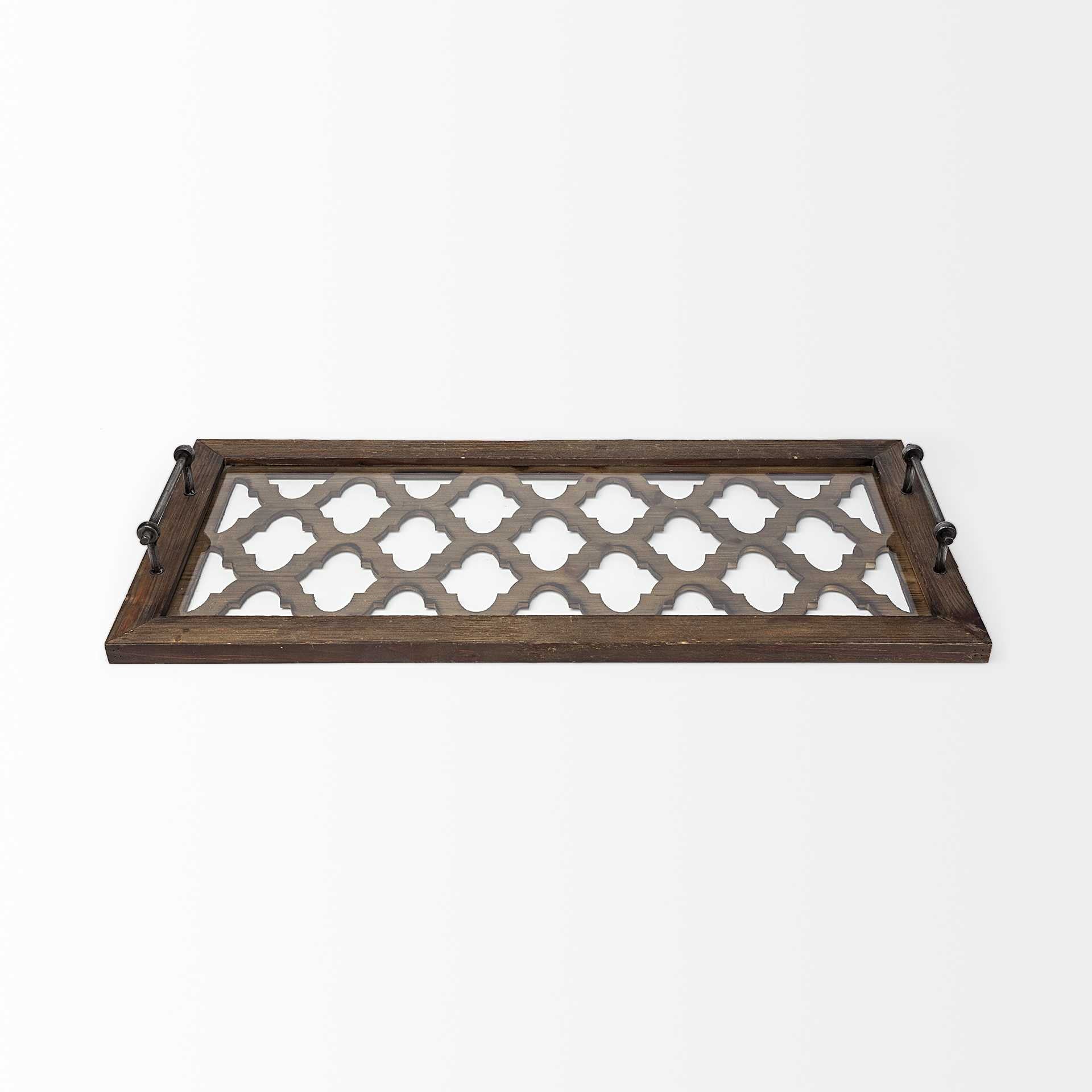 Medium Brown Wood With Metal Quatrefoil Pattern Glass Bottom Tray By Homeroots | Trays | Modishstore - 2