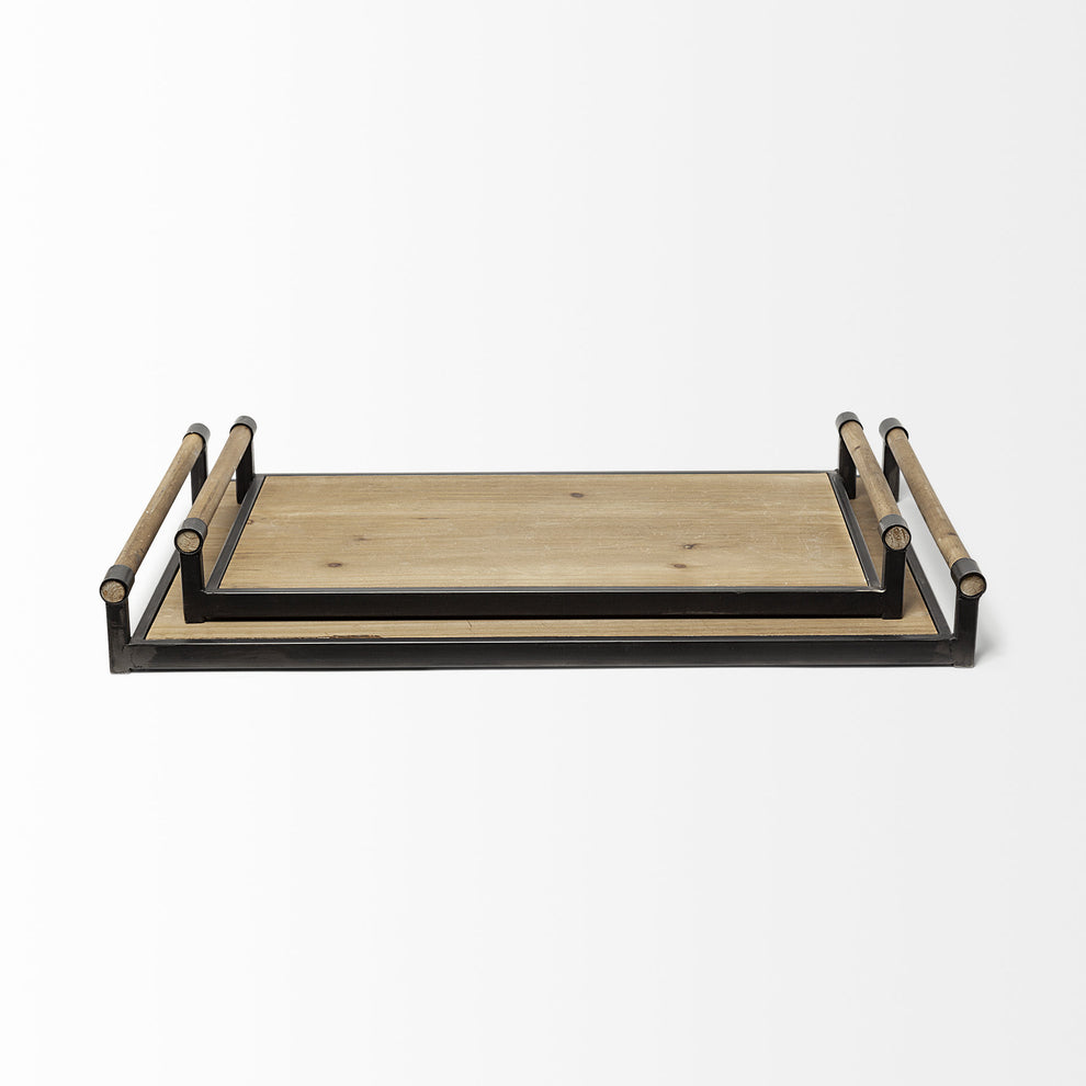 Set Of 2 Light Brown Wood With Matte Black Metal Frame And Two Handles Trays By Homeroots | Trays | Modishstore - 2