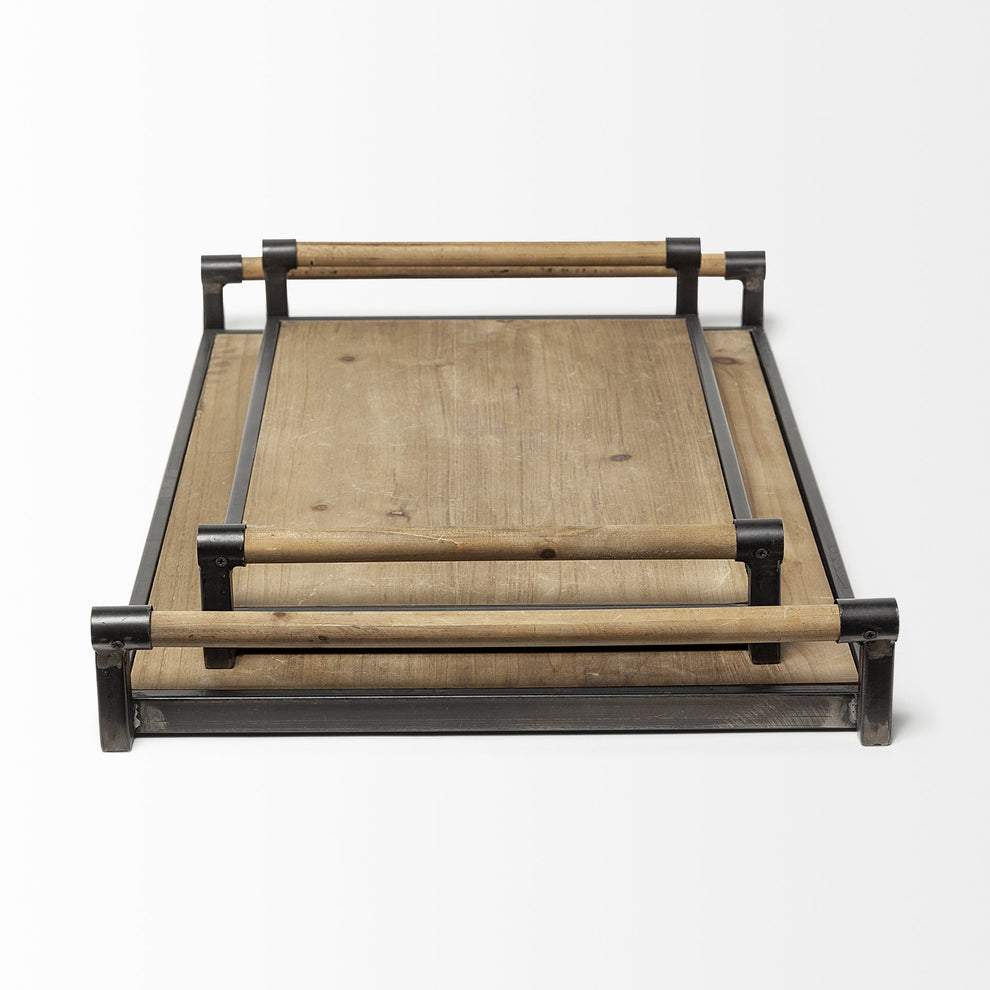 Set Of 2 Light Brown Wood With Matte Black Metal Frame And Two Handles Trays By Homeroots | Trays | Modishstore - 3