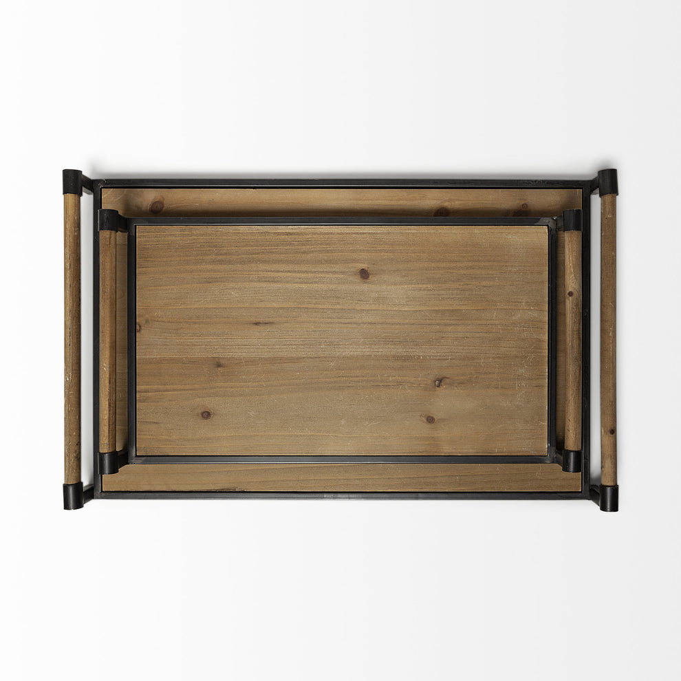 Set Of 2 Light Brown Wood With Matte Black Metal Frame And Two Handles Trays By Homeroots | Trays | Modishstore - 4