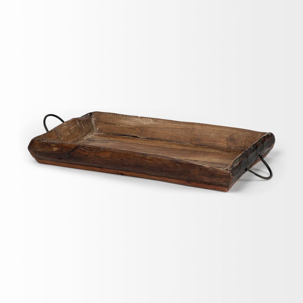 Set Of 2 Medium Brown Recycled Wood With Flaunt Metal Handles Trays By Homeroots | Trays | Modishstore - 2