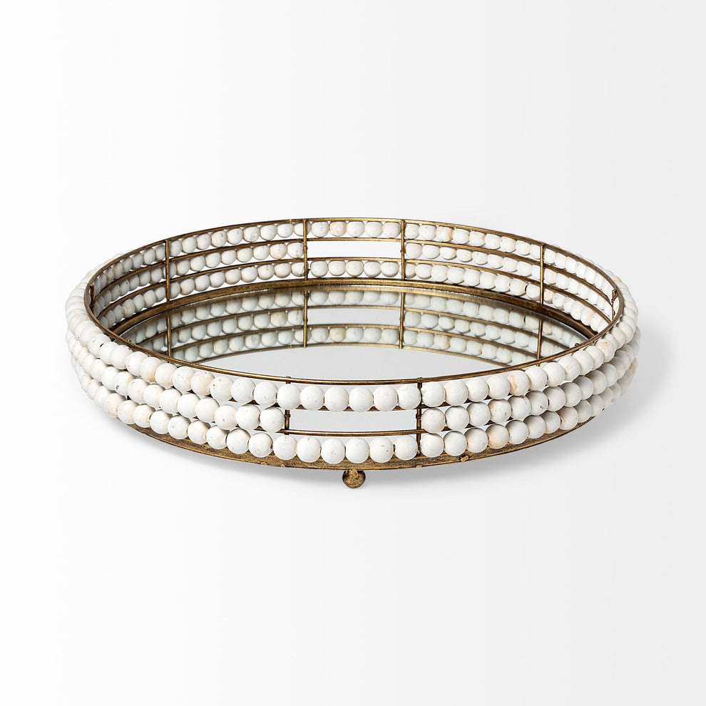 21' Gold Metal With Wooden Bead Frame And Mirrored Glass Bottom Round Tray By Homeroots | Trays | Modishstore - 2