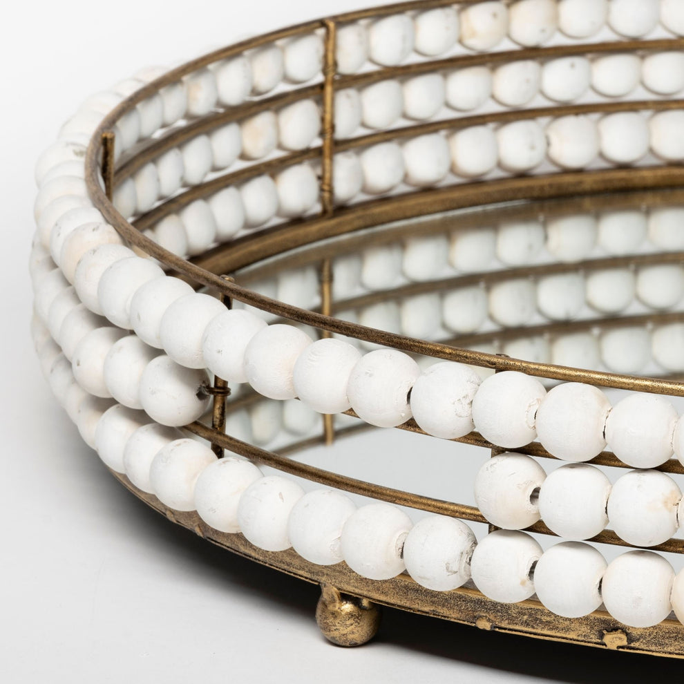 21' Gold Metal With Wooden Bead Frame And Mirrored Glass Bottom Round Tray By Homeroots | Trays | Modishstore - 3
