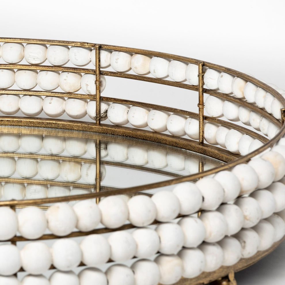 21' Gold Metal With Wooden Bead Frame And Mirrored Glass Bottom Round Tray By Homeroots | Trays | Modishstore - 4