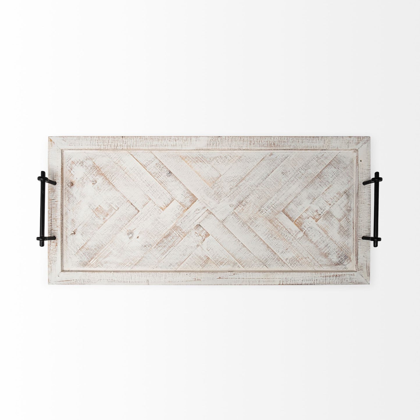 Whitewashed Tone Wood With Herringbone Pattern With Metal Raised Edges Tray By Homeroots | Trays | Modishstore - 3