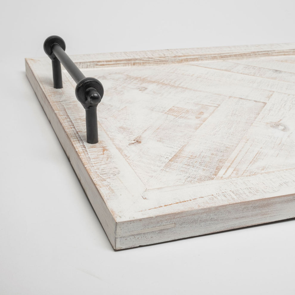 Whitewashed Tone Wood With Herringbone Pattern With Metal Raised Edges Tray By Homeroots | Trays | Modishstore - 4