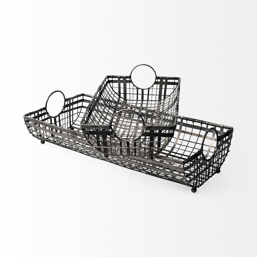 Set Of 2 Gray Metal With Circle Handle Trays By Homeroots | Trays | Modishstore - 2