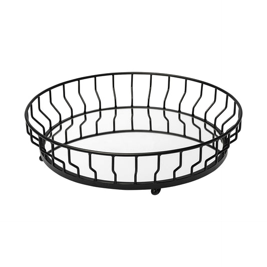 20' Matte Black Wavy Metal With Mirrored Glass Bottom Round Tray By Homeroots | Trays | Modishstore