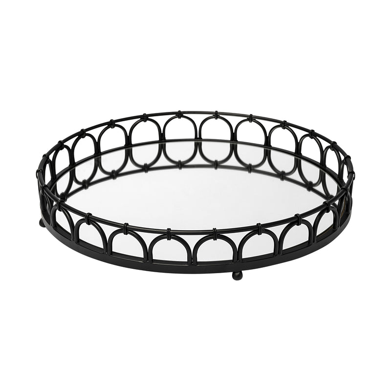 20' Matte Black Metal Half Circles And Mirrored Glass Round Tray By Homeroots | Trays | Modishstore