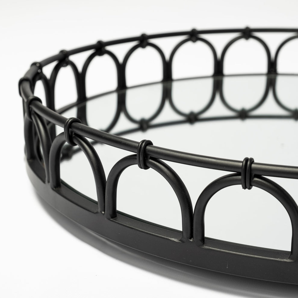 20' Matte Black Metal Half Circles And Mirrored Glass Round Tray By Homeroots | Trays | Modishstore - 3