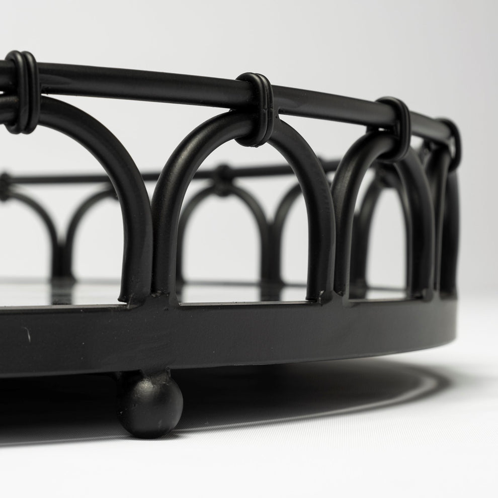 20' Matte Black Metal Half Circles And Mirrored Glass Round Tray By Homeroots | Trays | Modishstore - 4