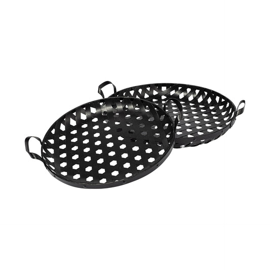 Set Of 2 Matte Black Metal With Interweaved Bottom Trays By Homeroots | Trays | Modishstore