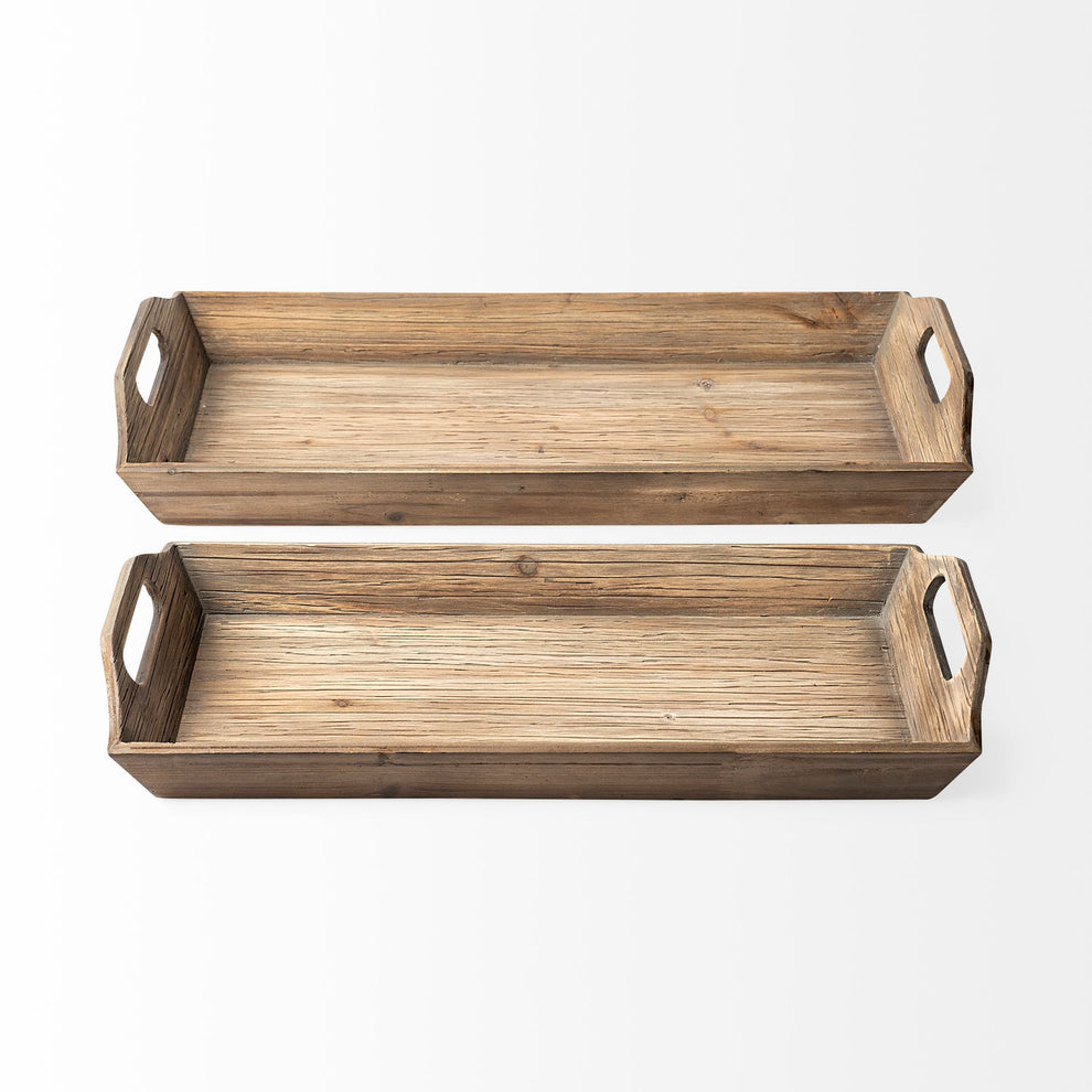 Set Of 2 Natural Brown Wood With Grains And Knots Highlight Trays By Homeroots | Trays | Modishstore - 2