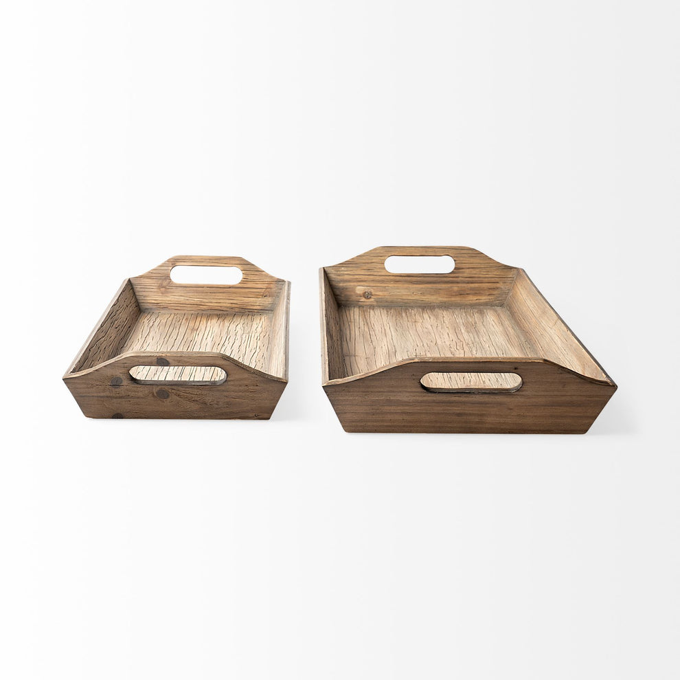 Set Of 2 Natural Brown Wood With Grains And Knots Highlight Trays By Homeroots | Trays | Modishstore - 3