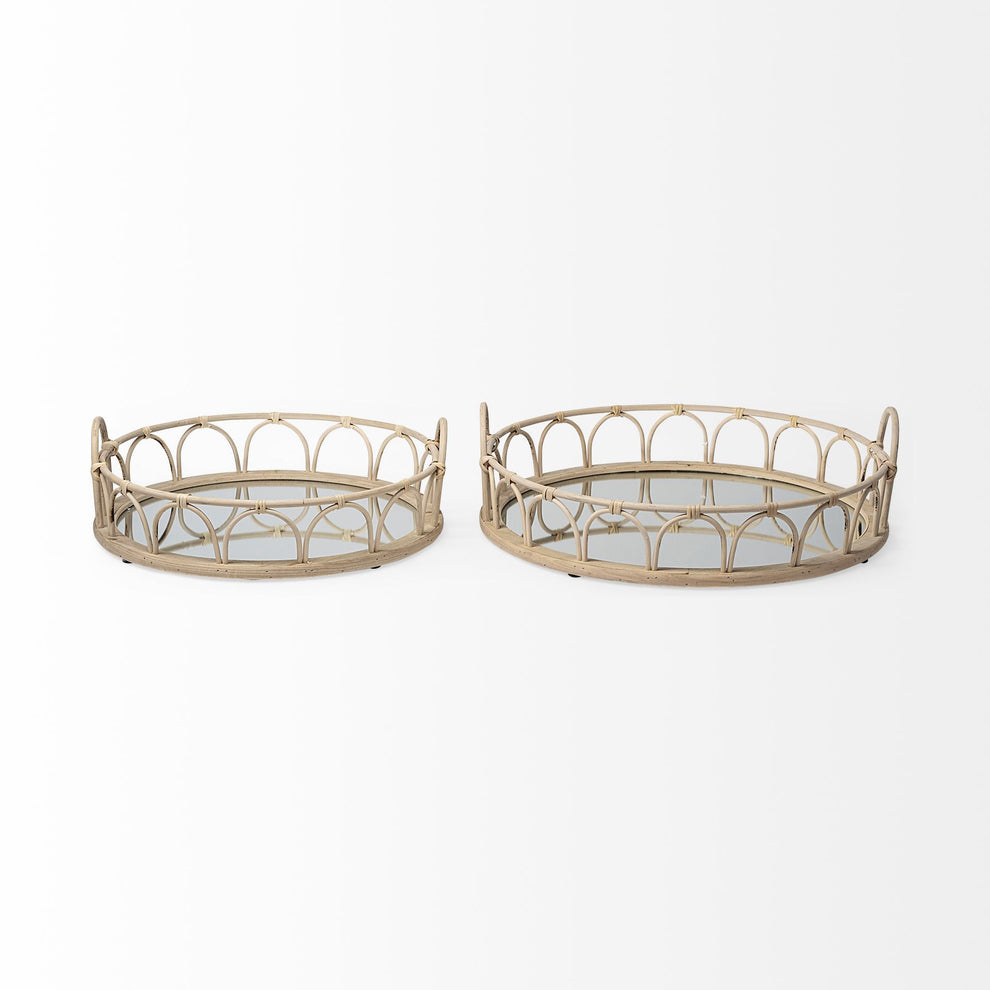Set Of 2 20' Natural Blonde Wood With Intricately Railings And Mirrored Glass Bottom Round Tray By Homeroots | Trays | Modishstore - 2