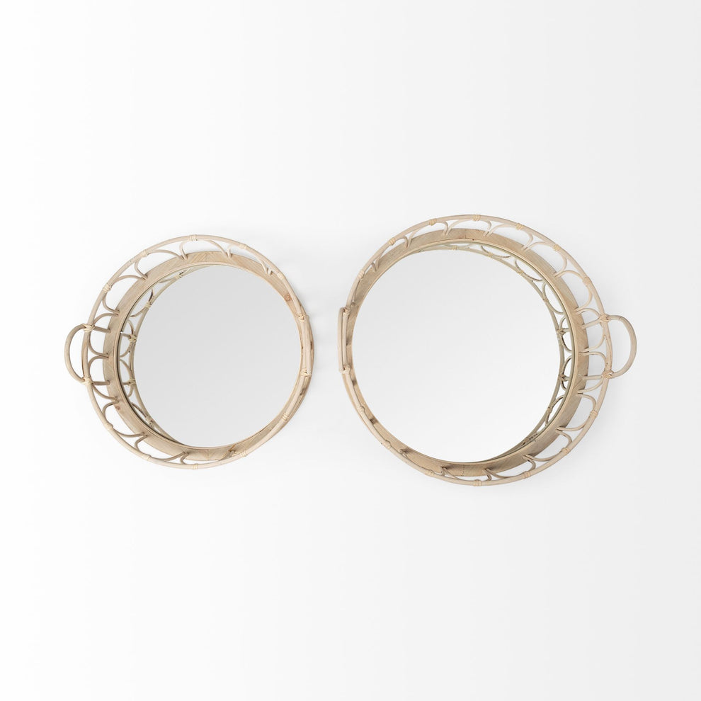 Set Of 2 20' Natural Blonde Wood With Intricately Railings And Mirrored Glass Bottom Round Tray By Homeroots | Trays | Modishstore - 5
