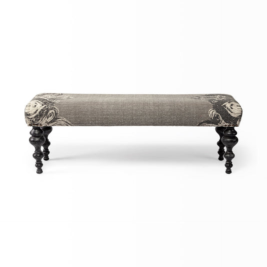 Rectangular Dark Wood and Gray Floral Accent Bench By Homeroots