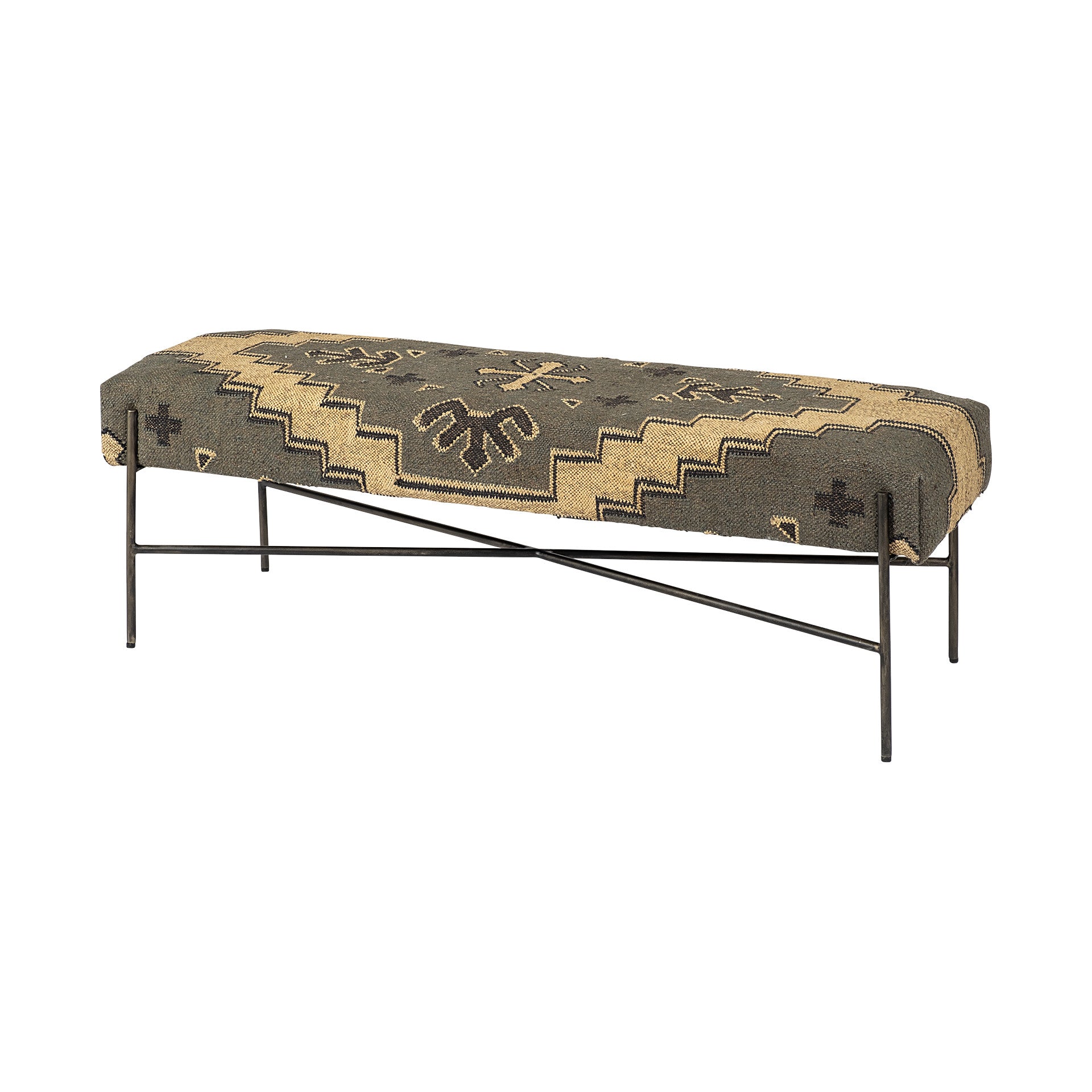 Rectangular MetalAntiqued-Nickel Toned Base W Upholstered Tan Pattered Seat Accent Bench By Homeroots | Benches | Modishstore