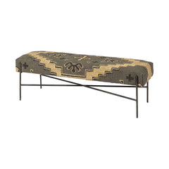 Rectangular MetalAntiqued-Nickel Toned Base W Upholstered Tan Pattered Seat Accent Bench By Homeroots