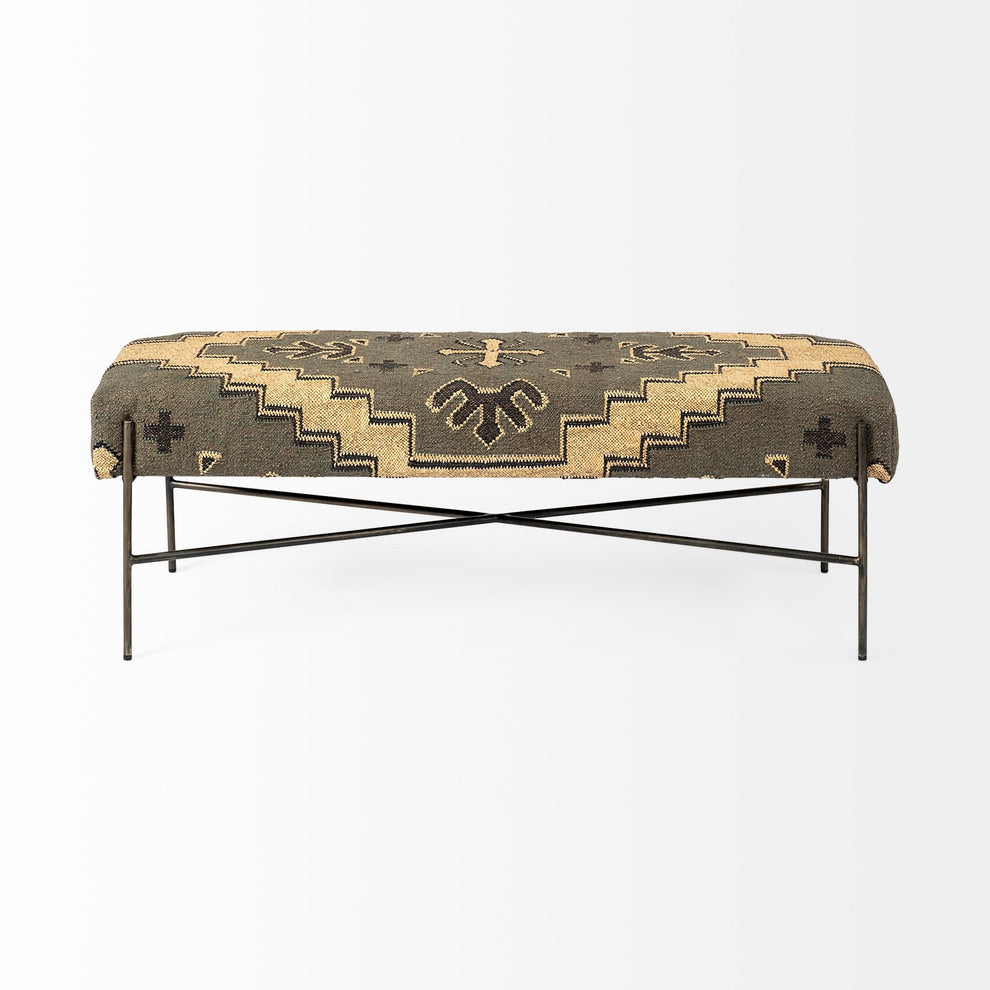 Rectangular MetalAntiqued-Nickel Toned Base W Upholstered Tan Pattered Seat Accent Bench By Homeroots | Benches | Modishstore - 2